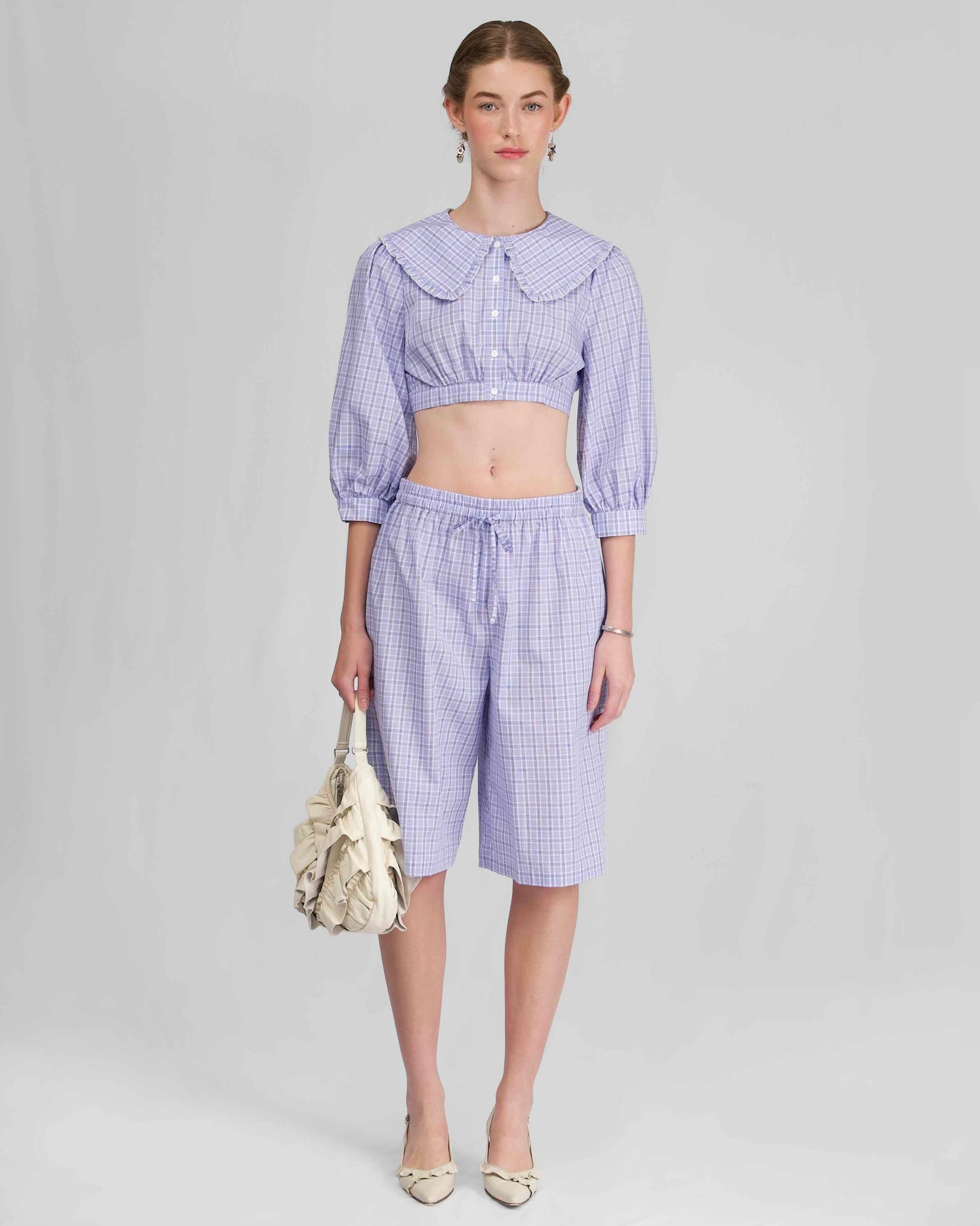 Collar Crop Blouse - Sky Blue Check