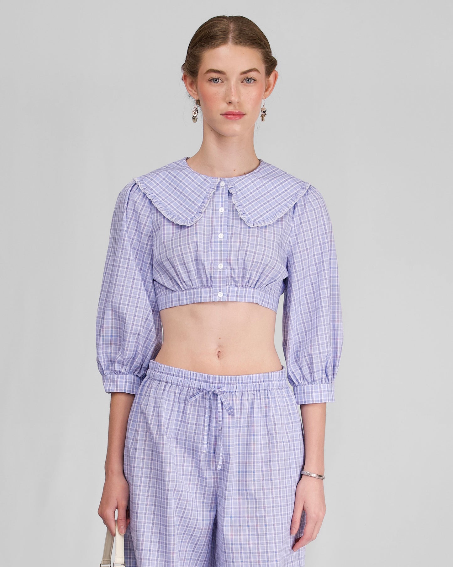 Collar Crop Blouse - Sky Blue Check