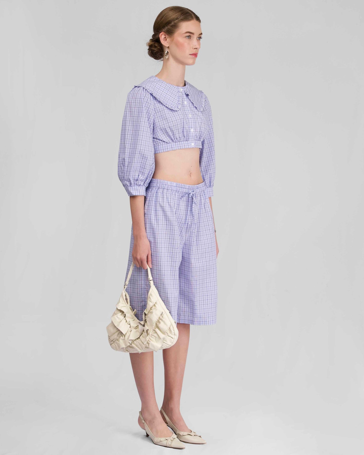 Collar Crop Blouse - Sky Blue Check