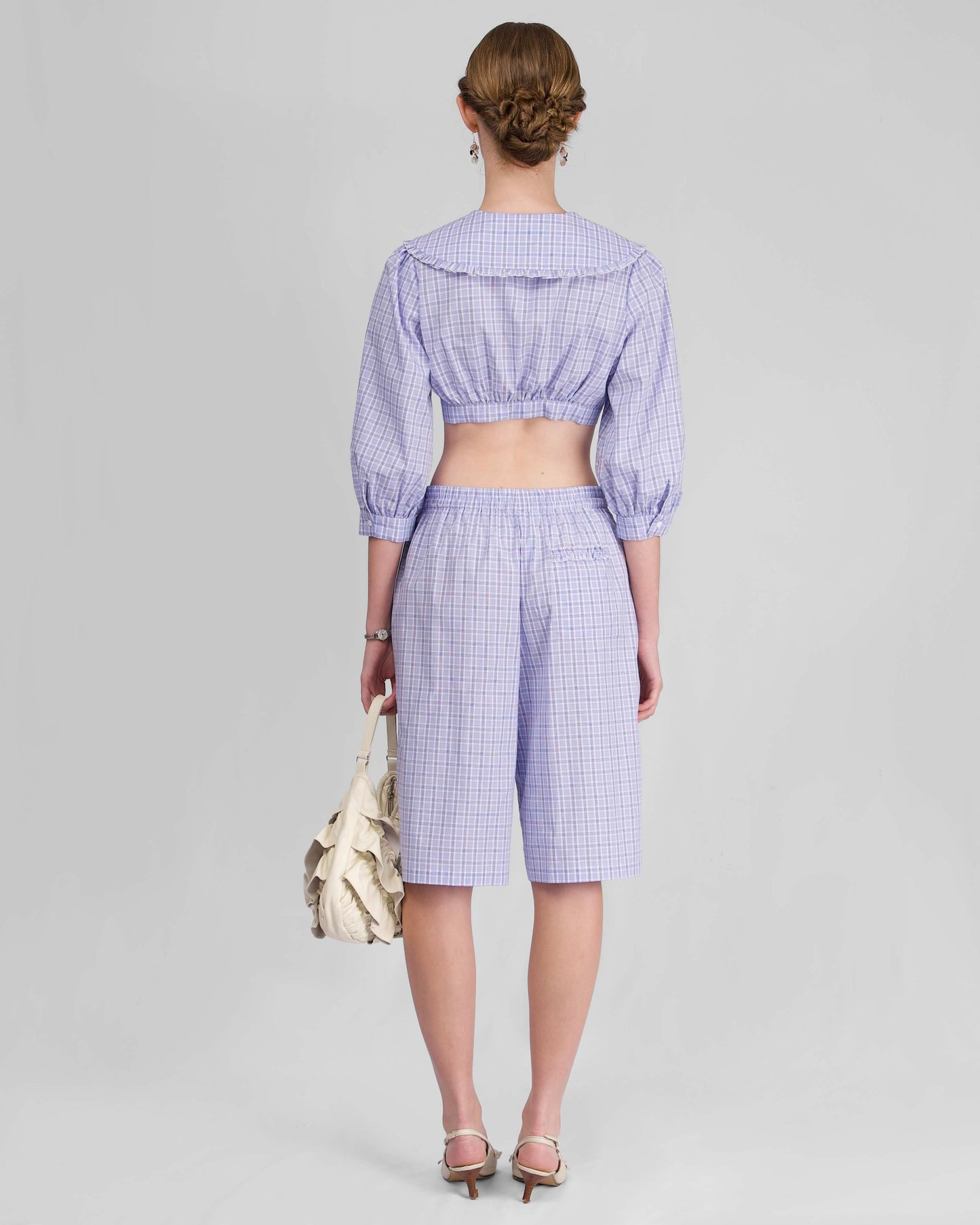 Collar Crop Blouse - Sky Blue Check