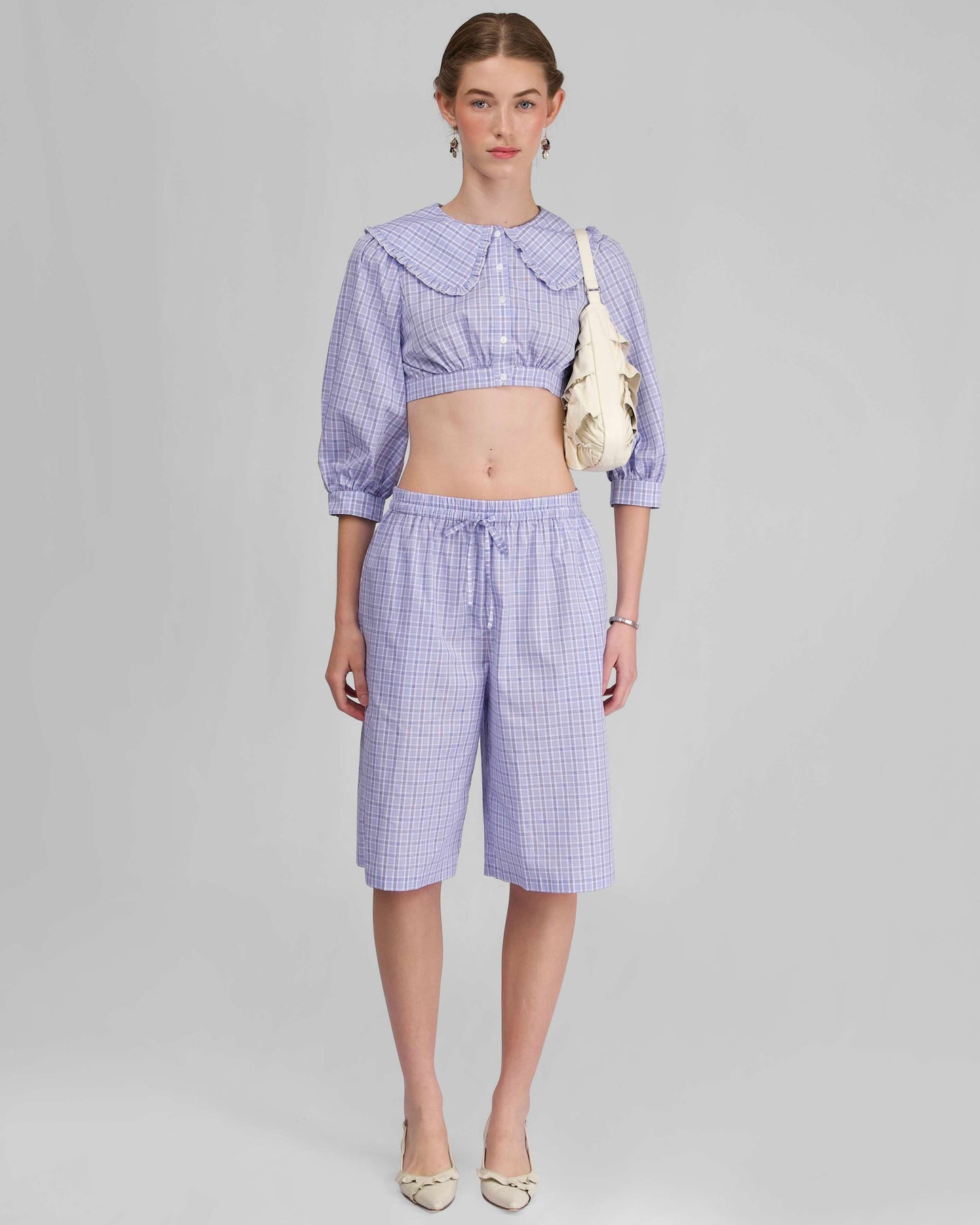 Collar Crop Blouse - Sky Blue Check