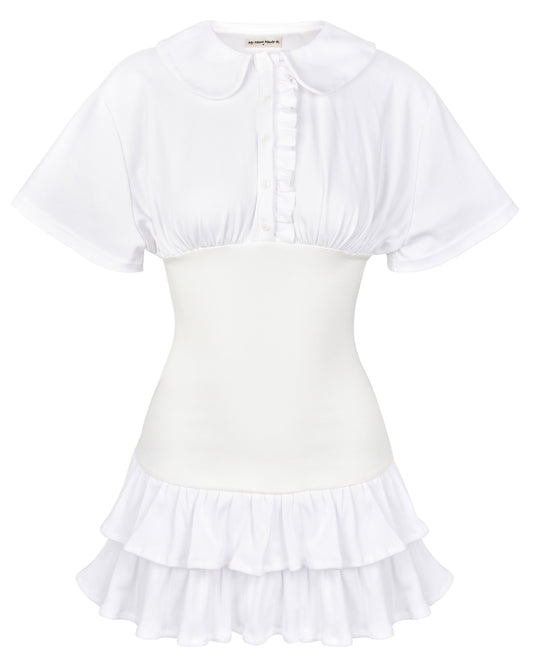 Collar Fitted Frill Dress - White