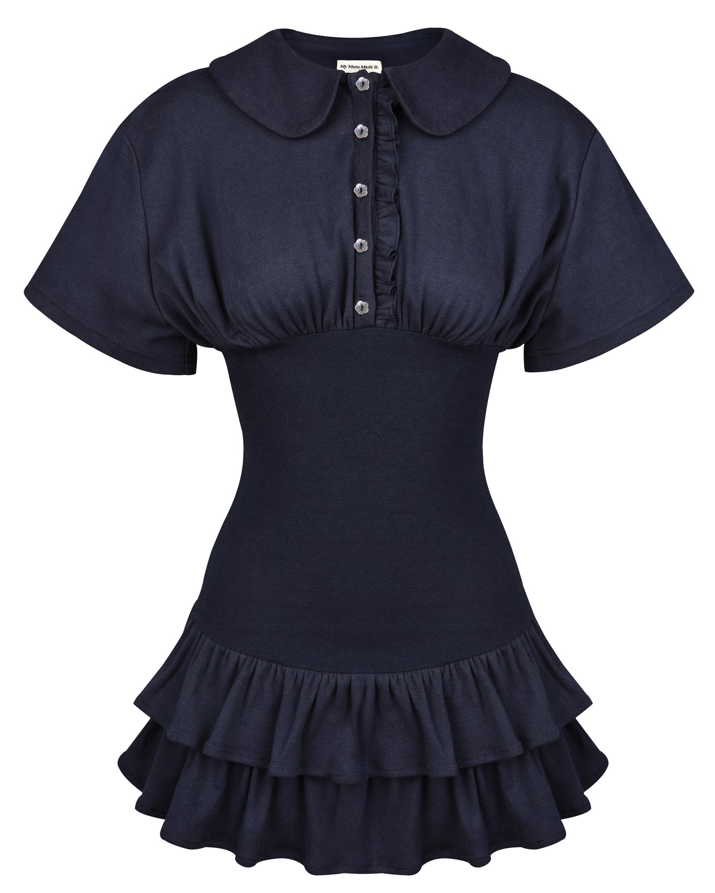 Collar Fitted Frill Dress - Navy