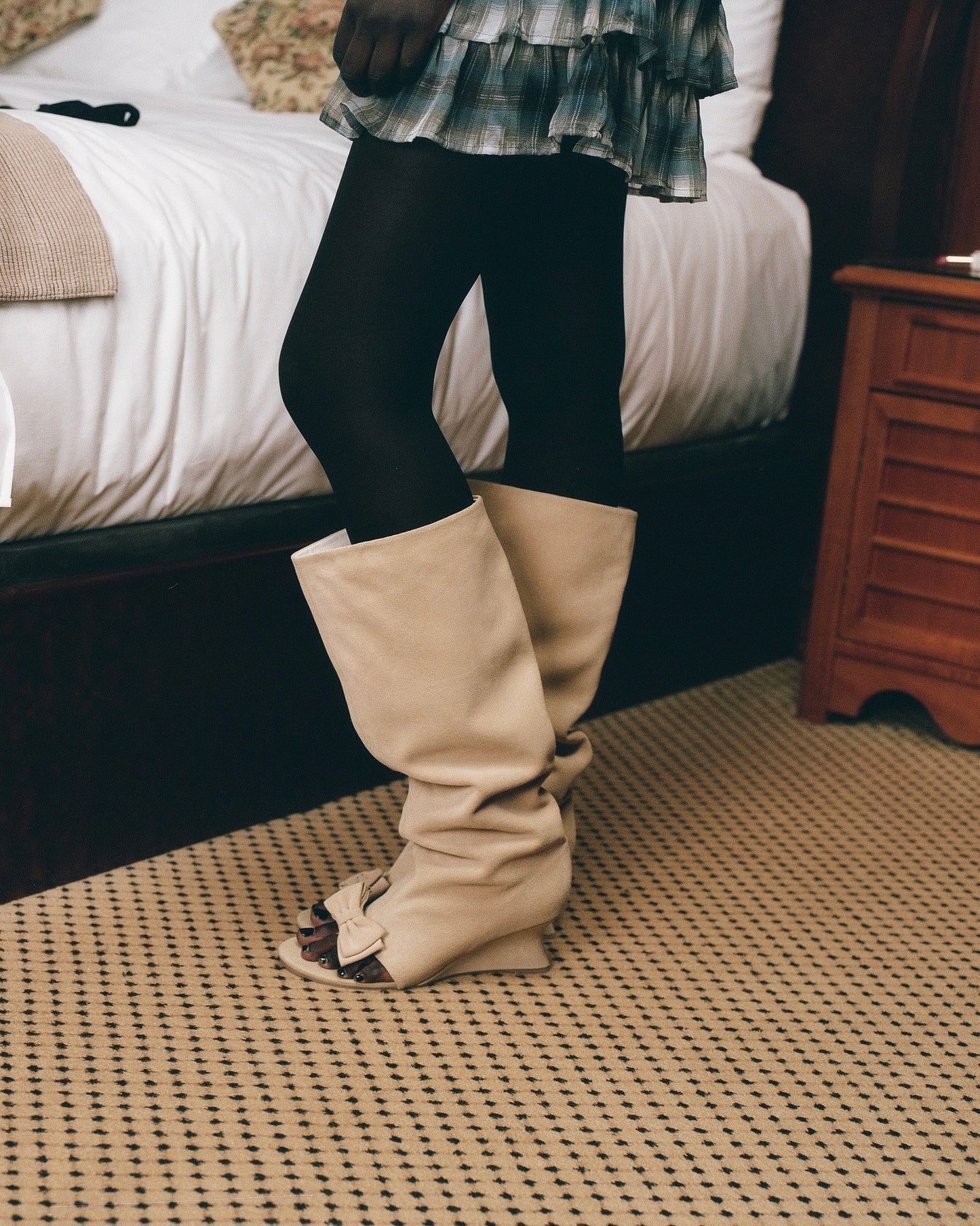 Odette Peep-Toe Wedge Boot - Suede Fawn