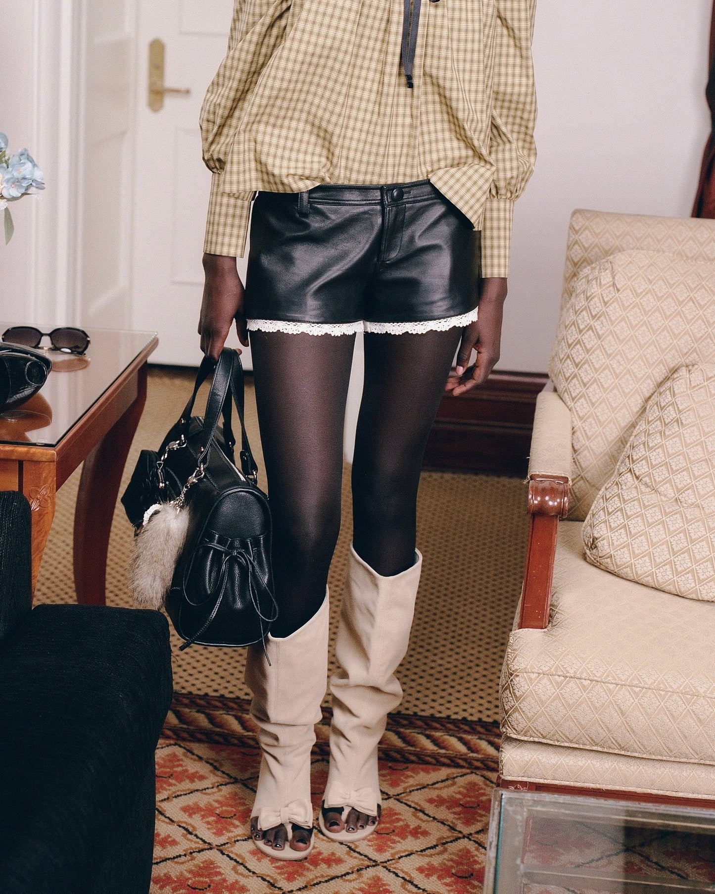 Leather Lace Mini Shorts - Black