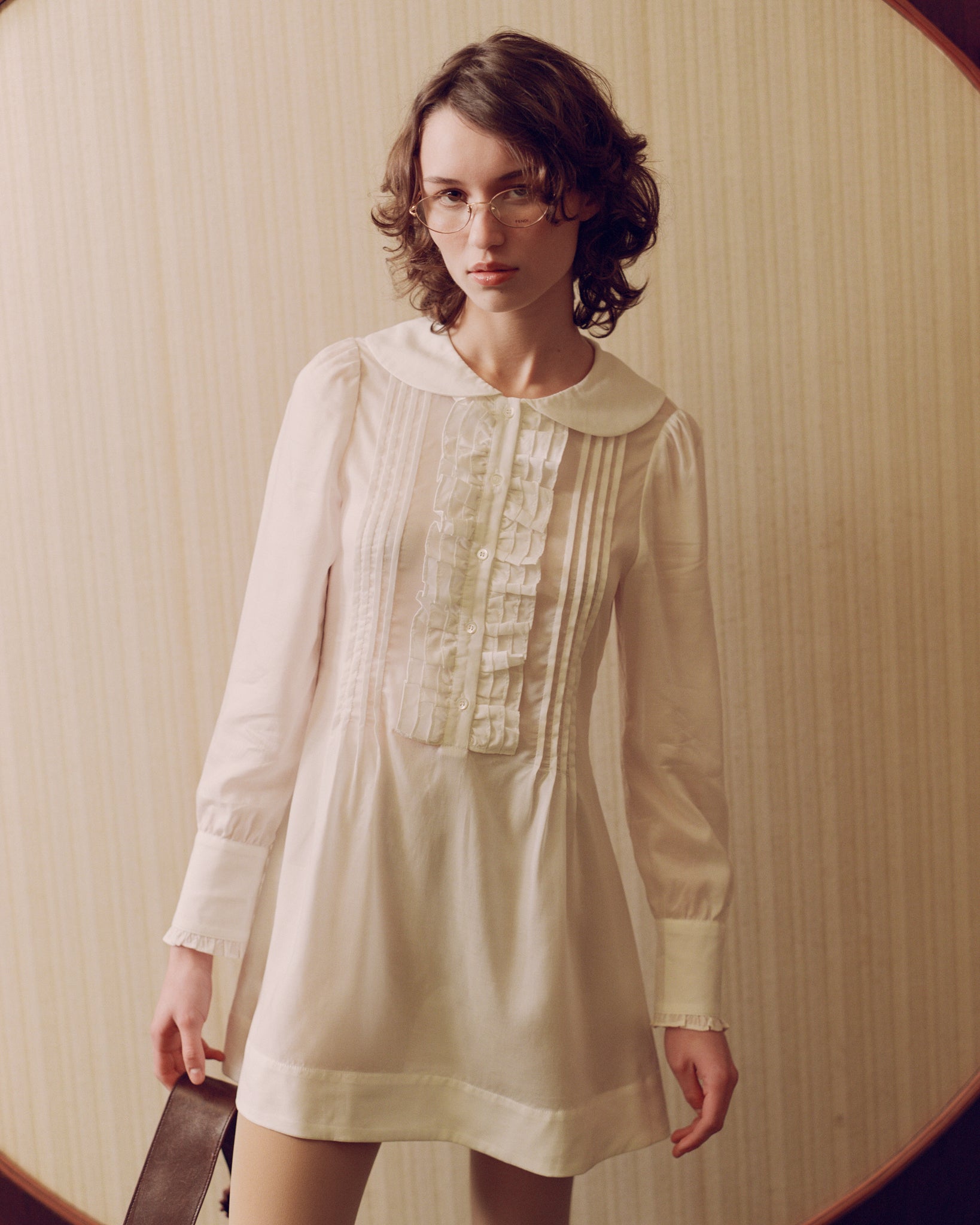 Ruffle Placket Mini Dress - White