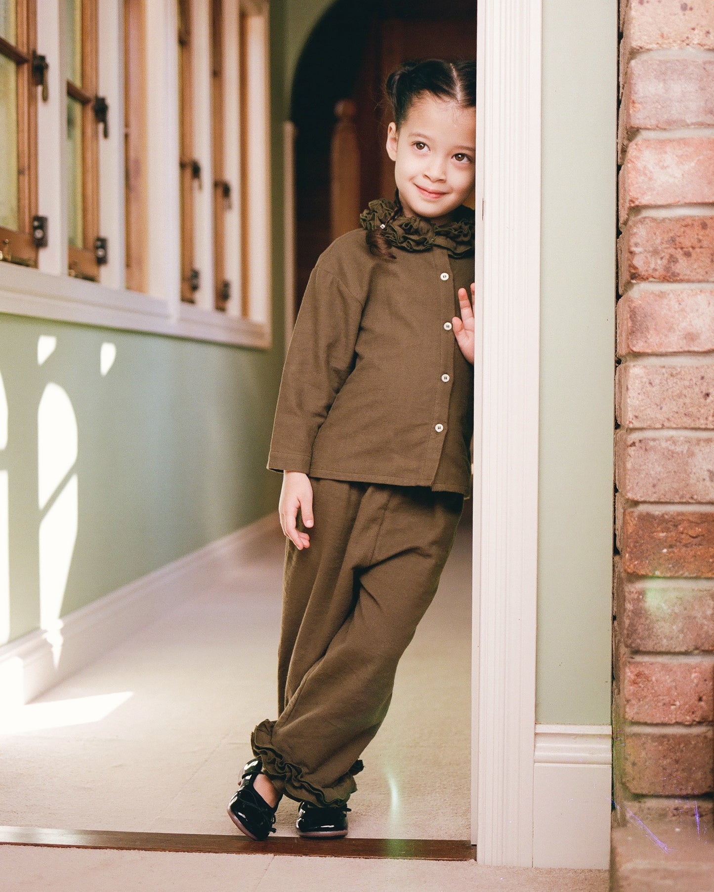 Mini Flannel Ruffle Blouse - Eucalyptus