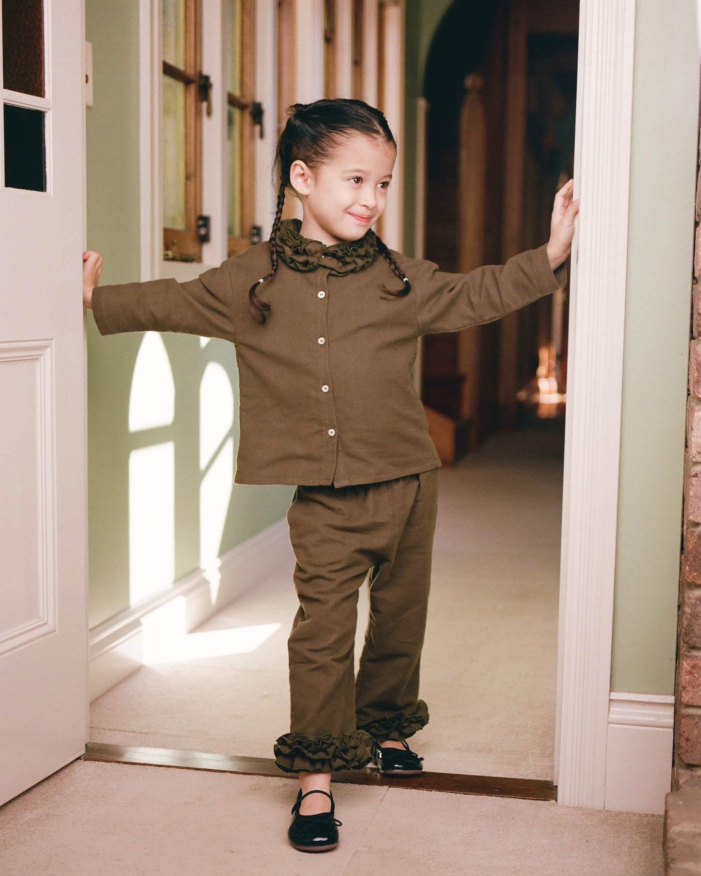 Mini Flannel Ruffle Pant - Eucalyptus