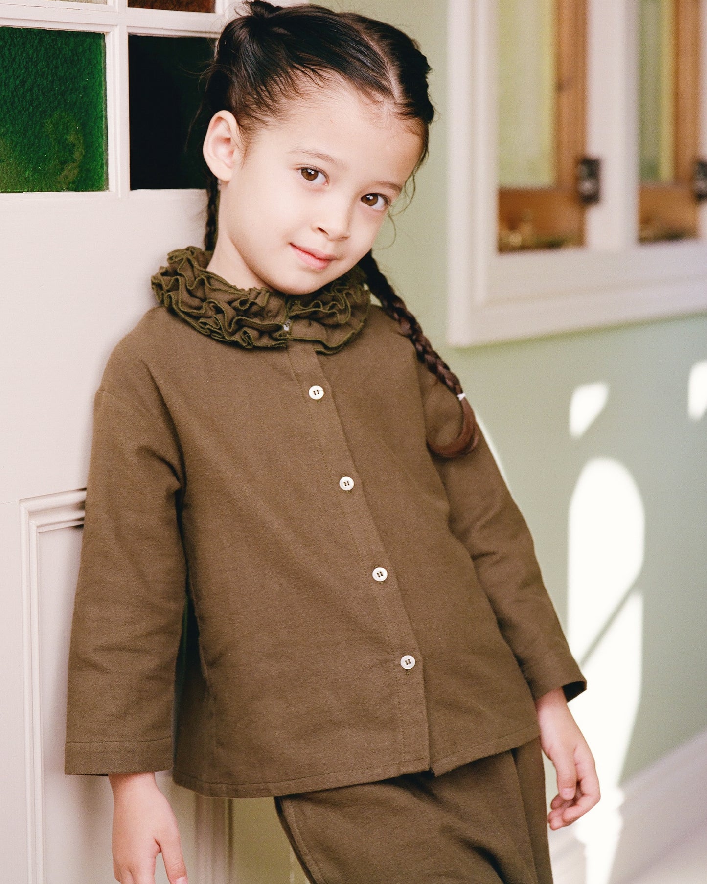 Mini Flannel Ruffle Blouse - Eucalyptus