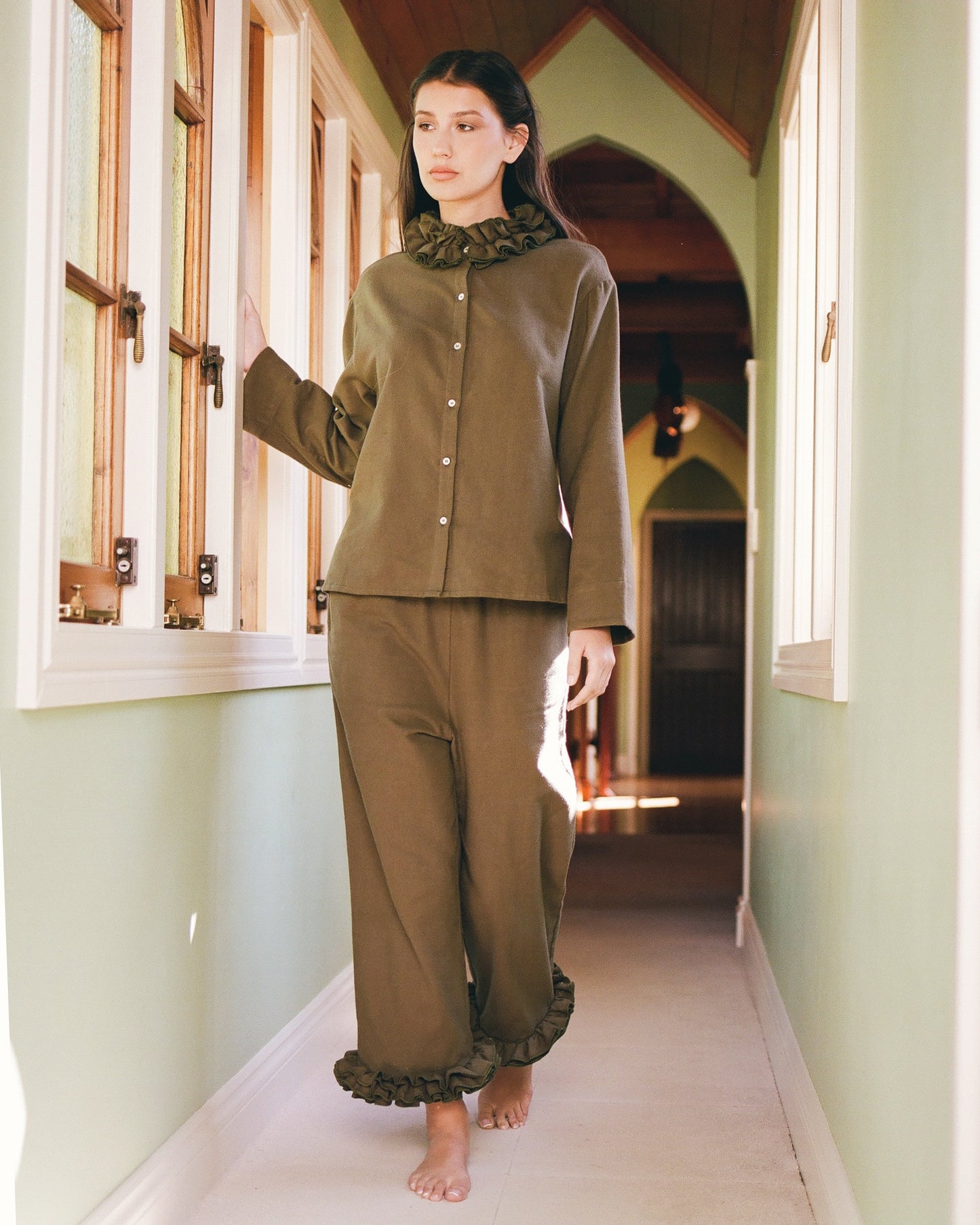 Flannel Ruffle Pant - Eucalyptus