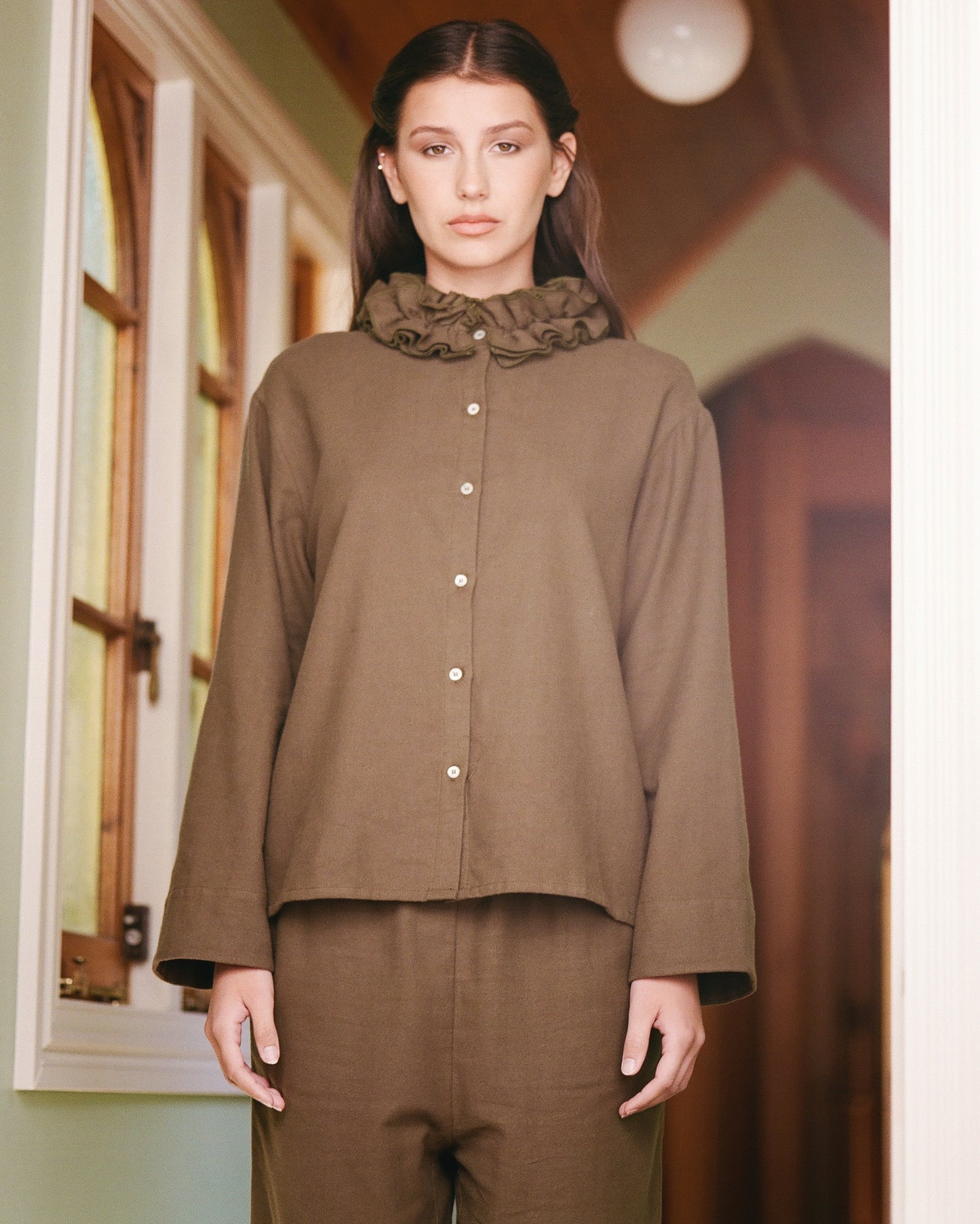 Flannel Ruffle Blouse - Eucalyptus