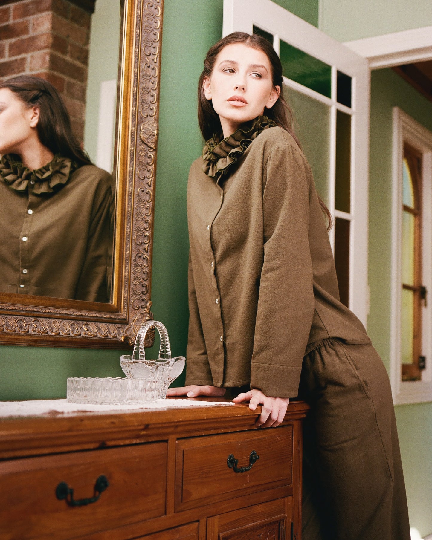 Flannel Ruffle Blouse - Eucalyptus