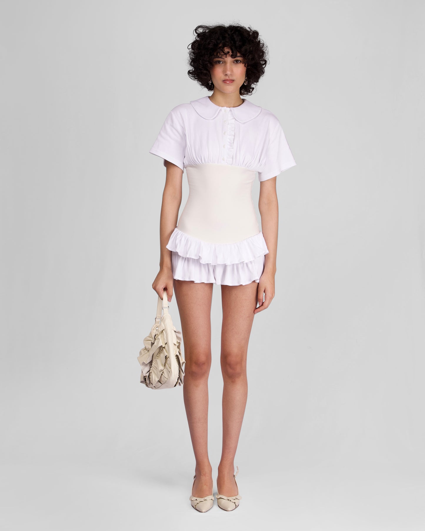 Collar Fitted Frill Dress - White