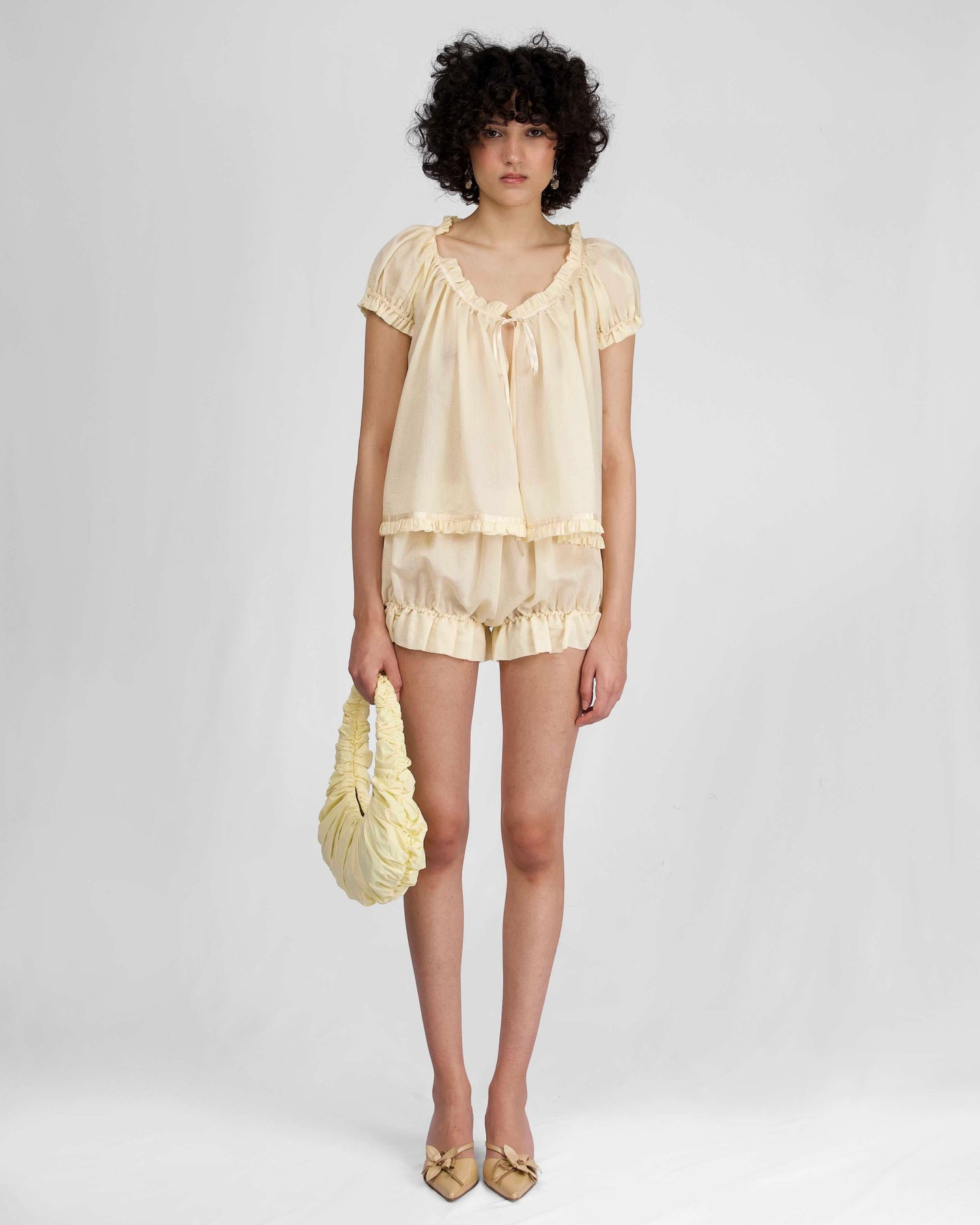 Sheer Tie Puff Sleeve Top - Lemon