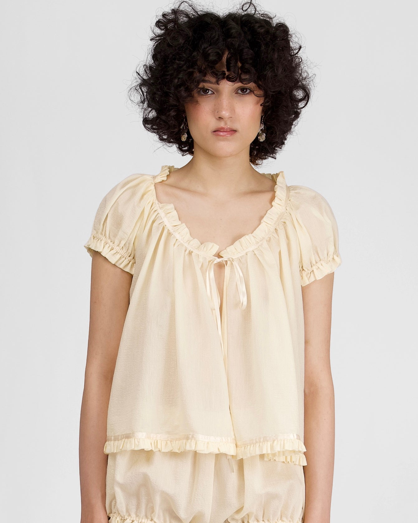 Sheer Tie Puff Sleeve Top - Lemon