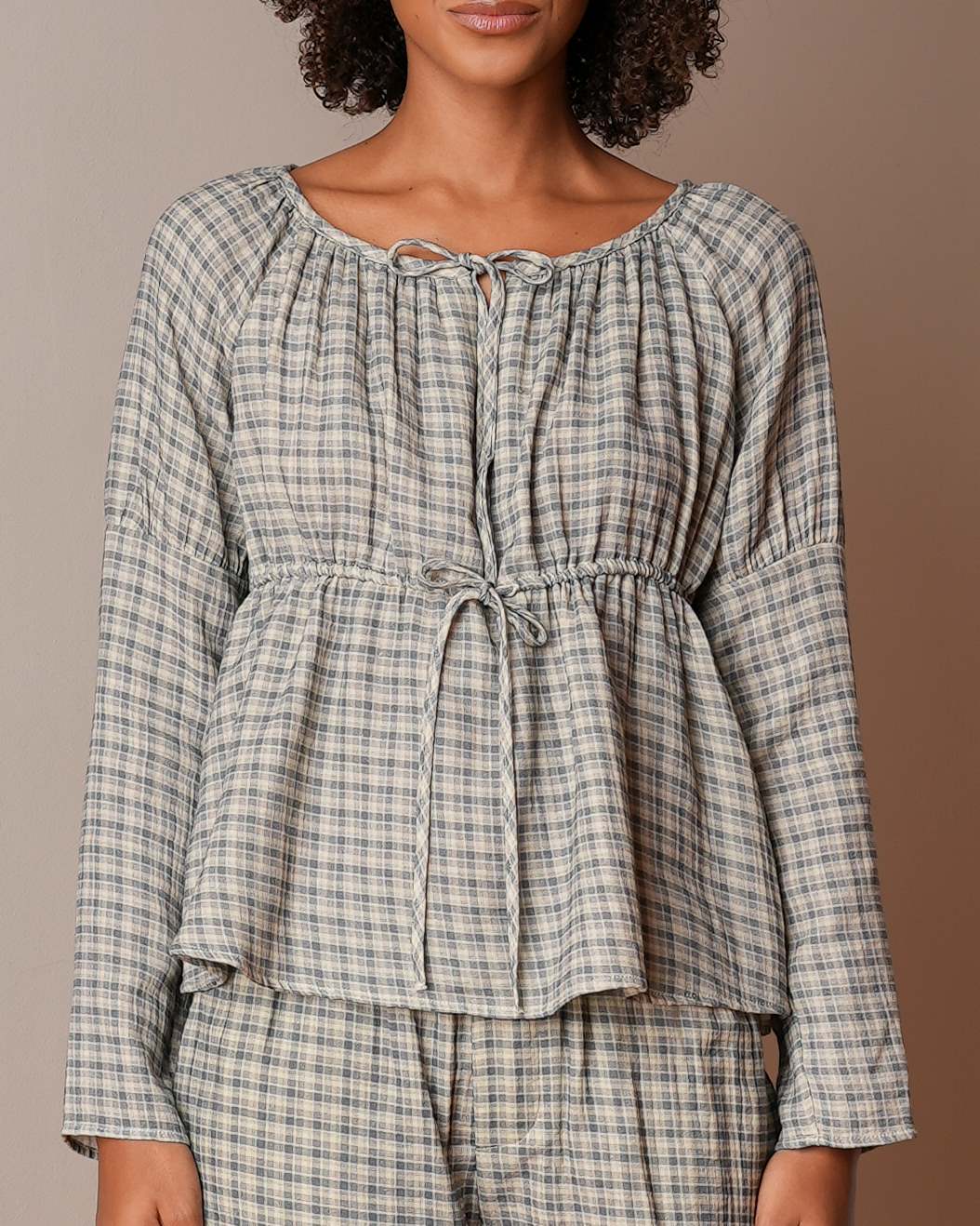 Gauze Long Sleeve Blouse - Faded Blue Check