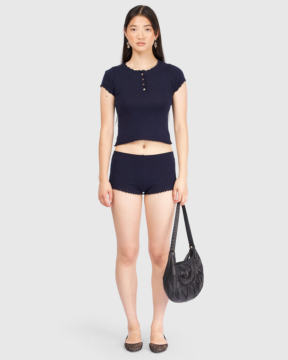 Lace Knit Button Top - Navy