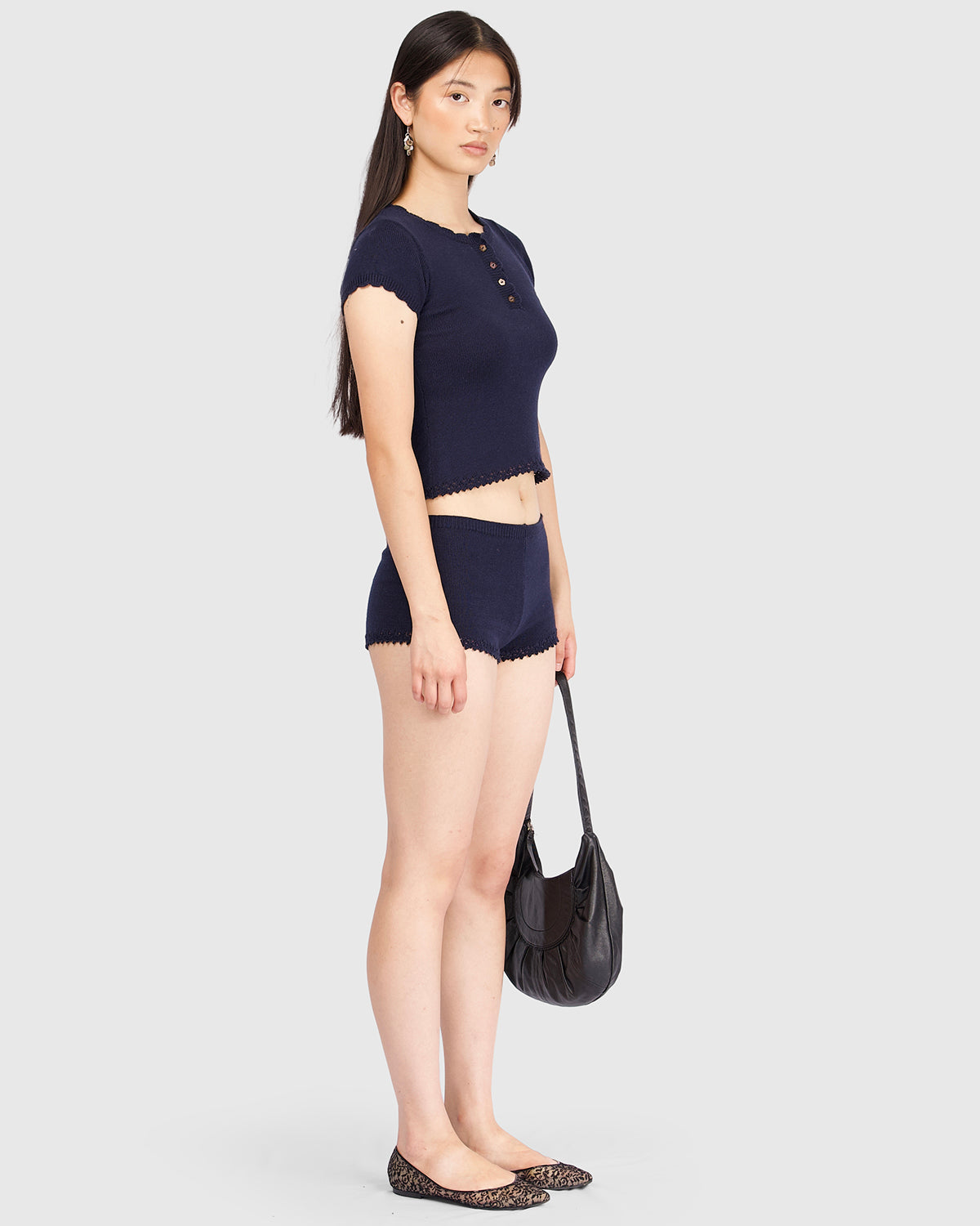 Lace Knit Button Top - Navy