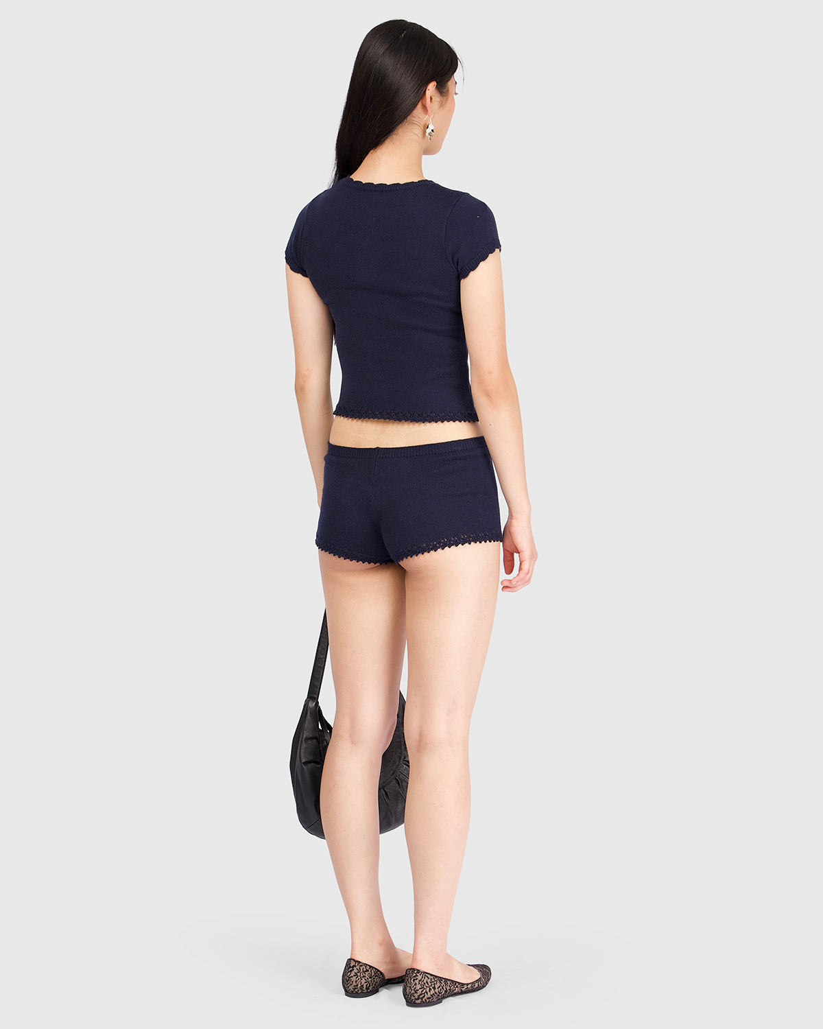 Lace Knit Button Top - Navy