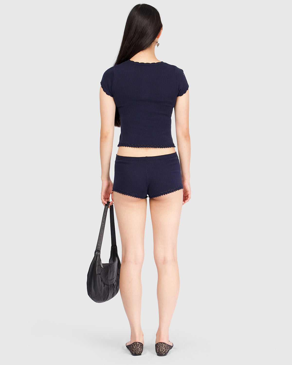 Lace Knit Button Top - Navy