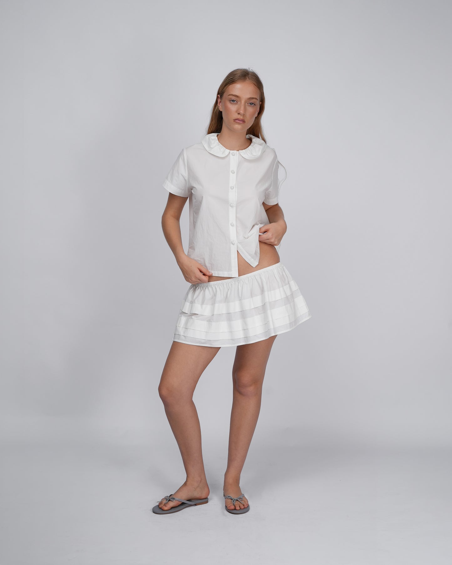 Tiered Pleat Mini Skirt - White