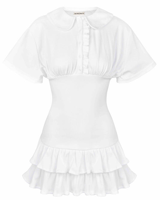 Collar Fitted Frill Dress - White