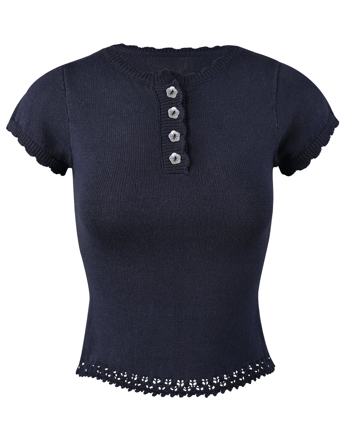 Lace Knit Button Top - Navy