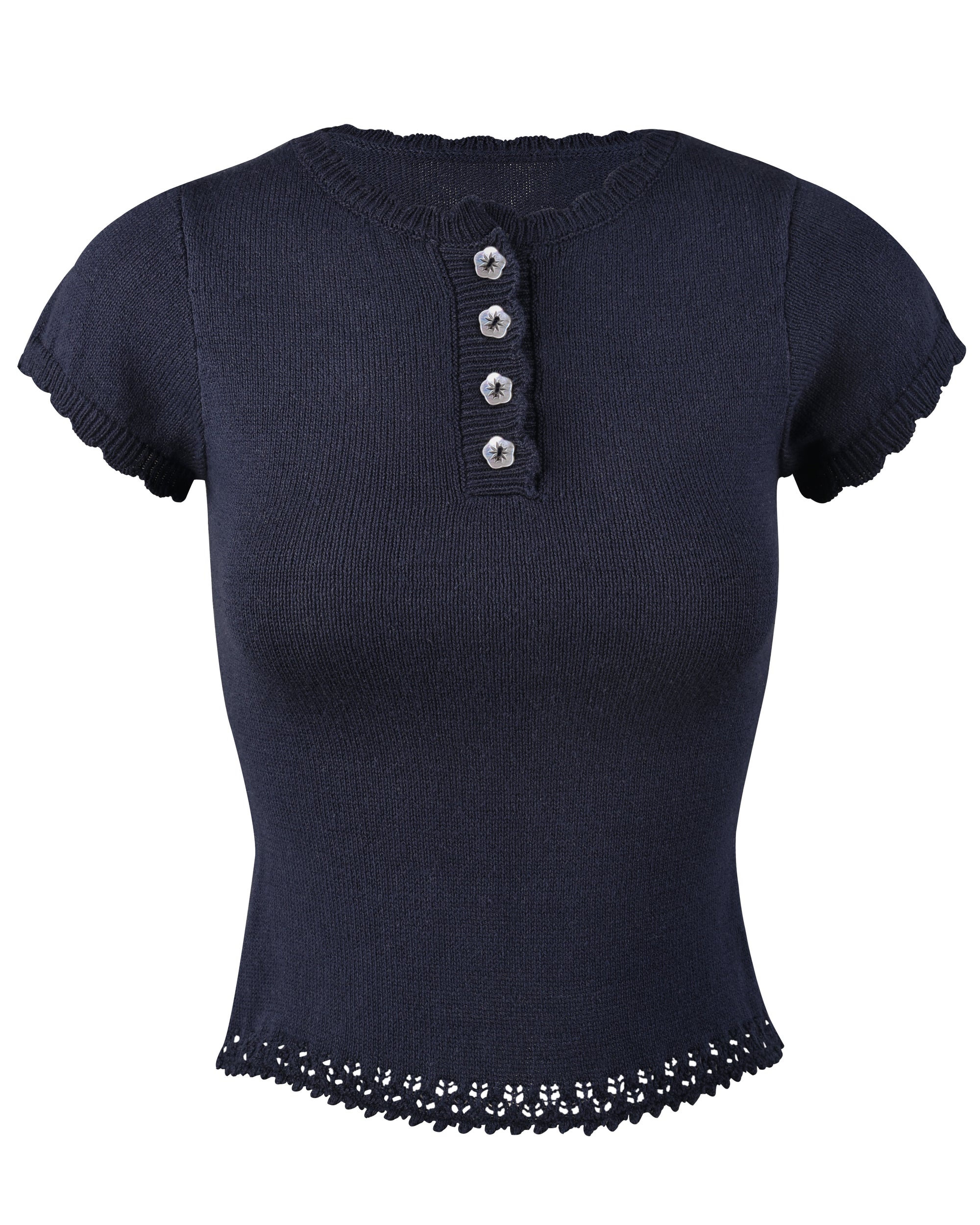 Lace Knit Button Top - Navy