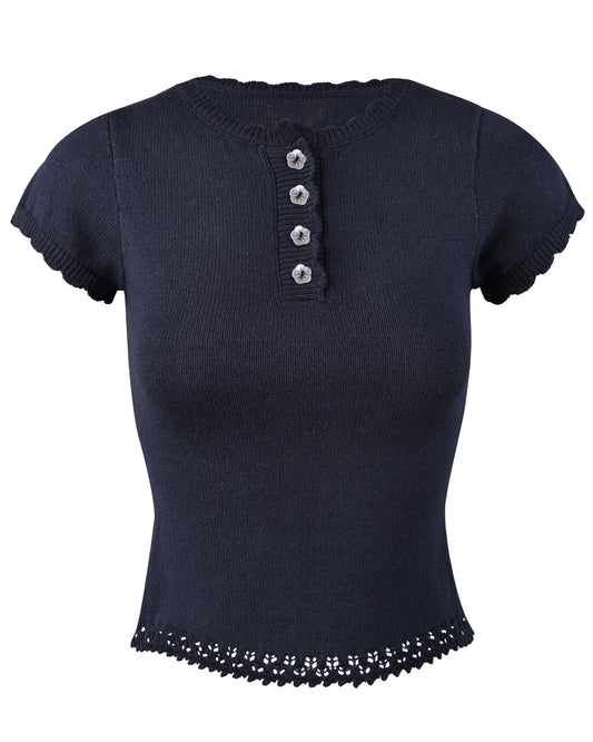 Lace Knit Button Top - Navy