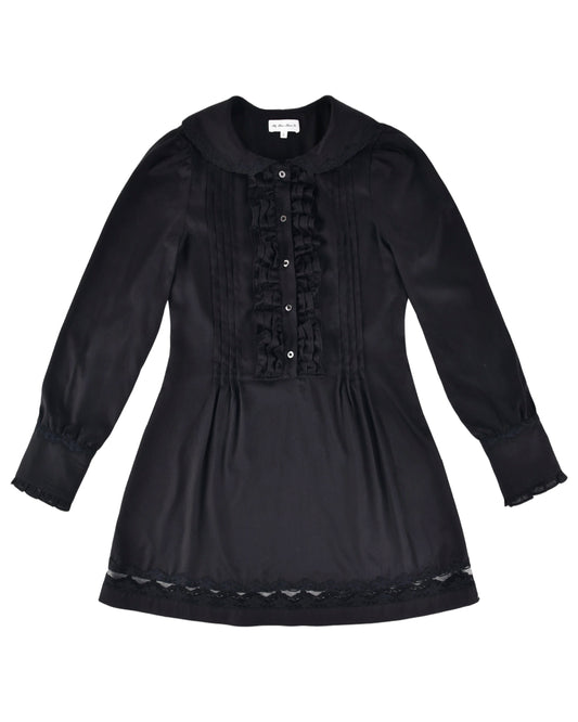 Ruffle Placket Mini Dress - Black