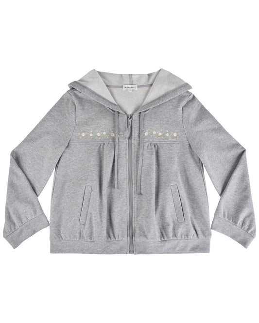Rosette Vine Embroidery Hoodie - Grey