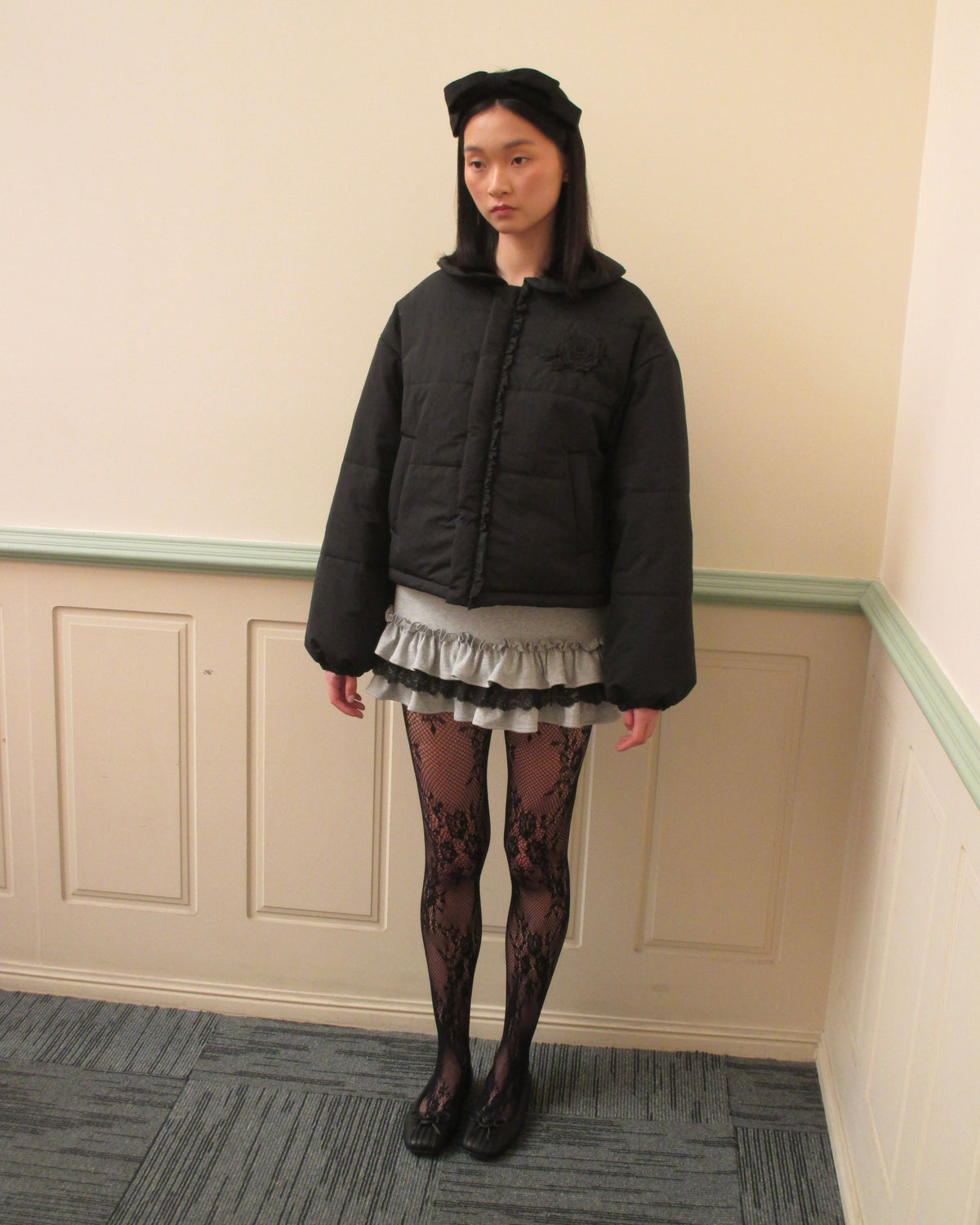 Rosette Puffer Jacket - Black