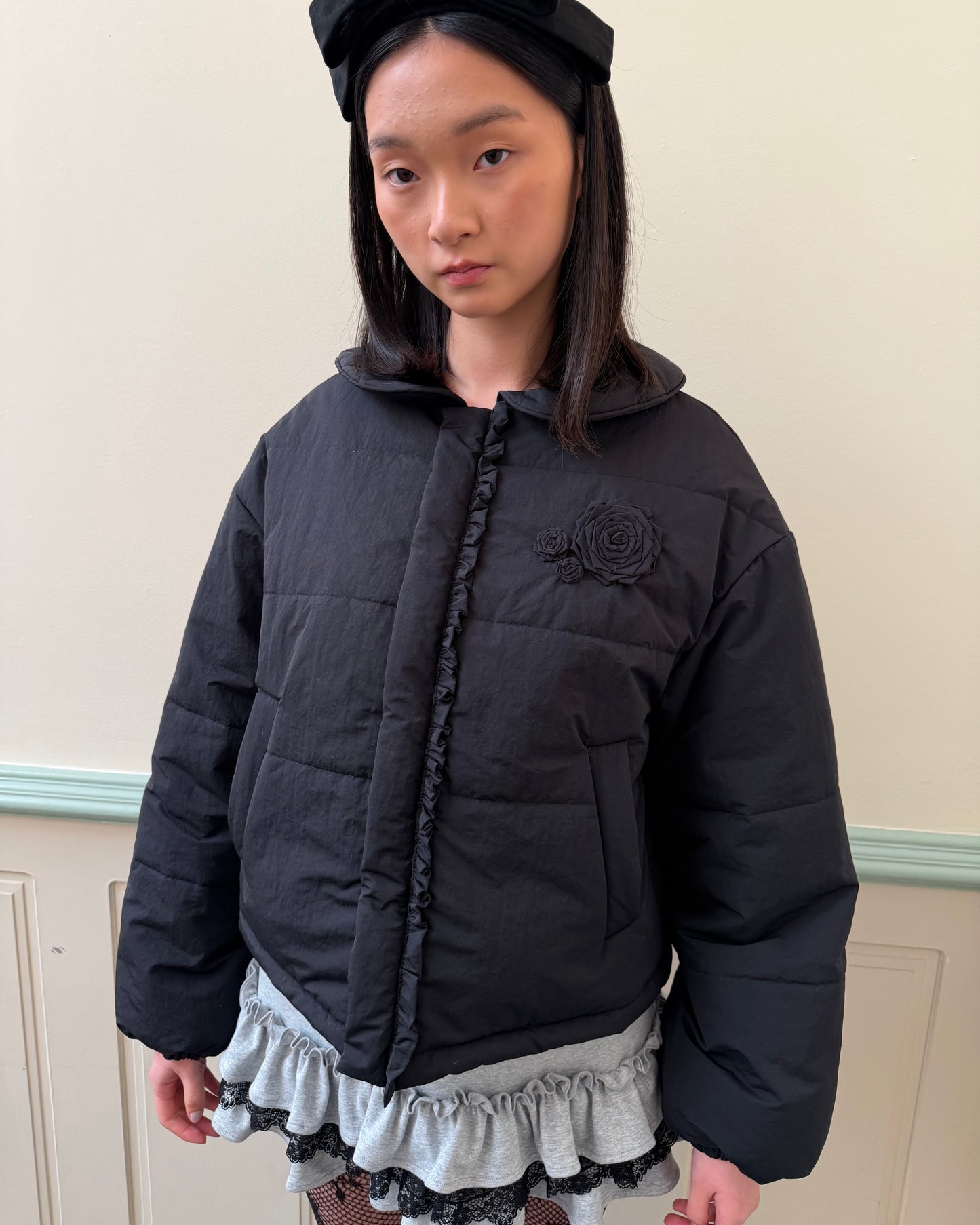 Rosette Puffer Jacket - Black