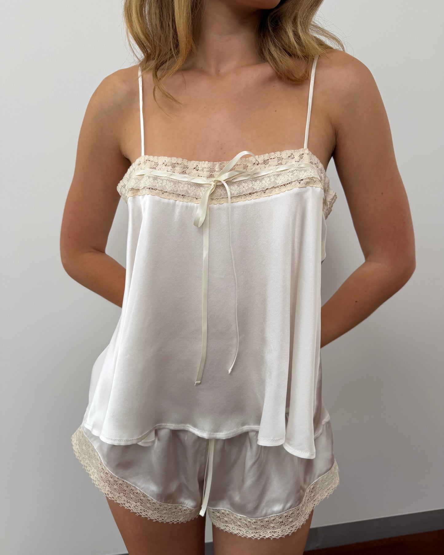 Lace Ribbon Cami - White Silk