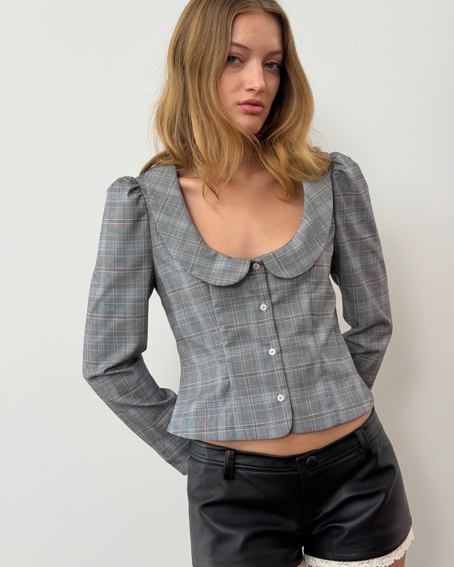 Curved Collar Button Shirt - Dark Plaid