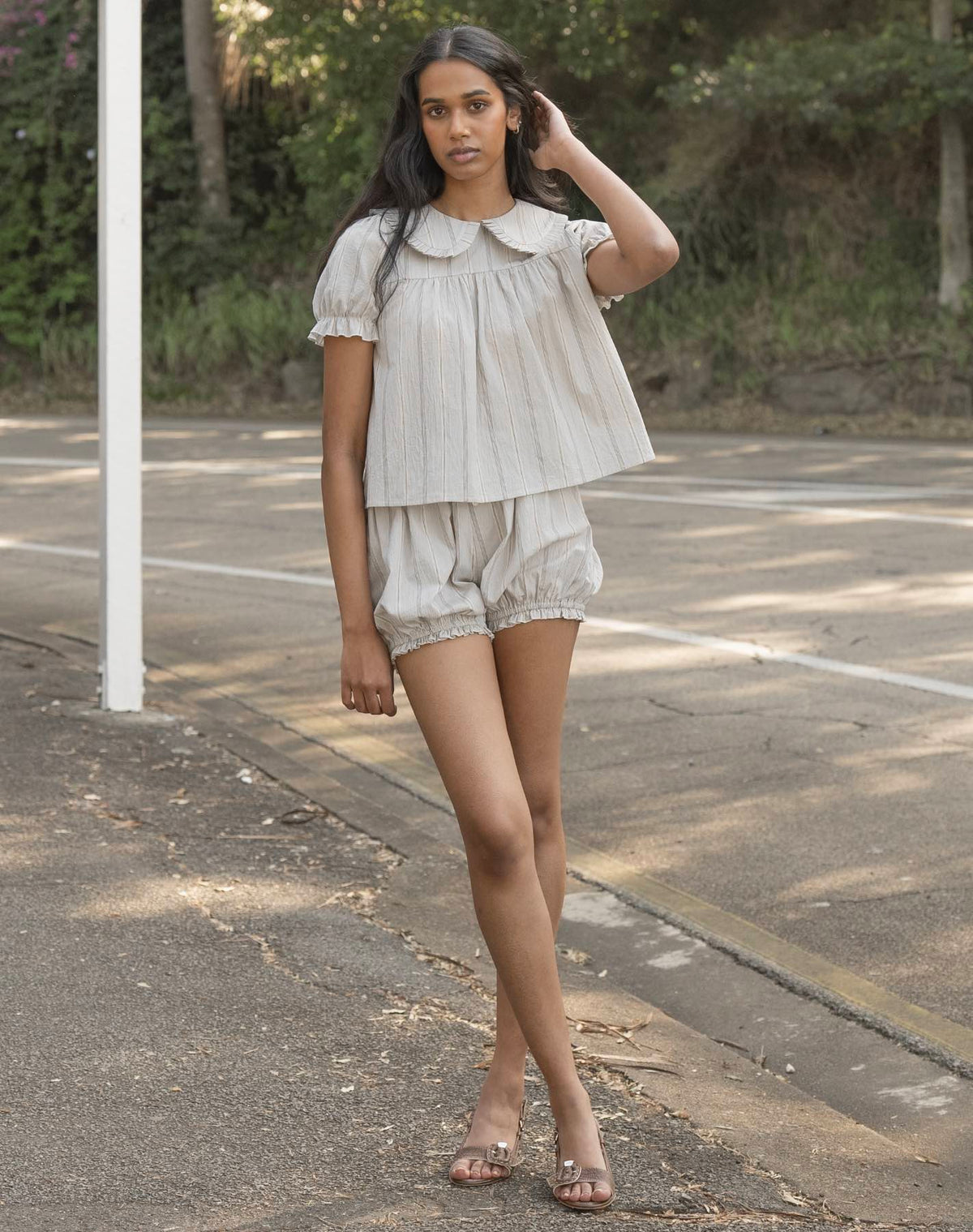 Babydoll Blouse - Blue Beige Stripe