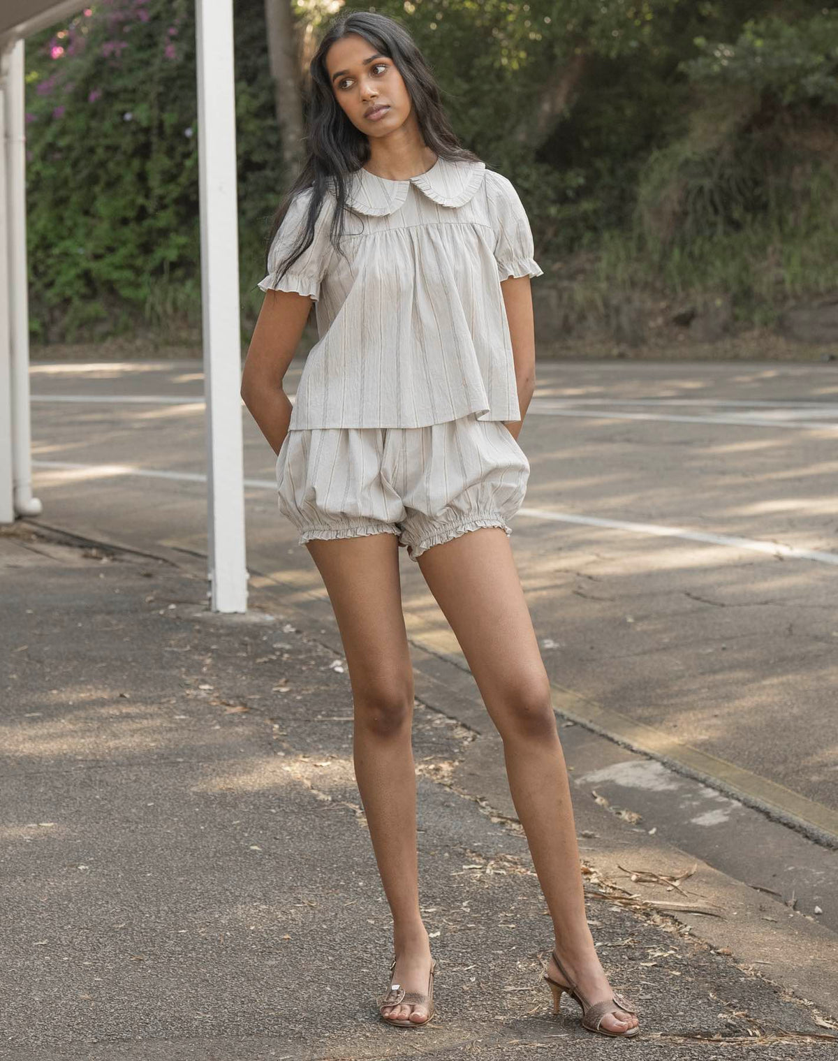 Babydoll Blouse - Blue Beige Stripe